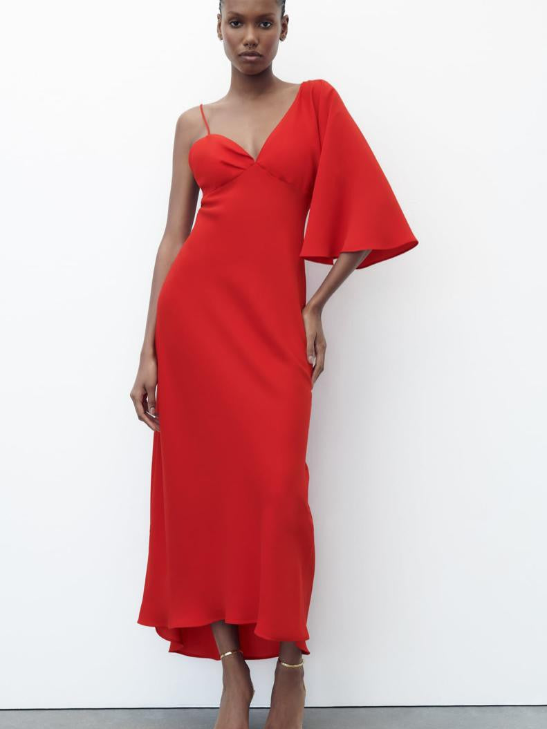 One Shoulder Red Maxi Dress