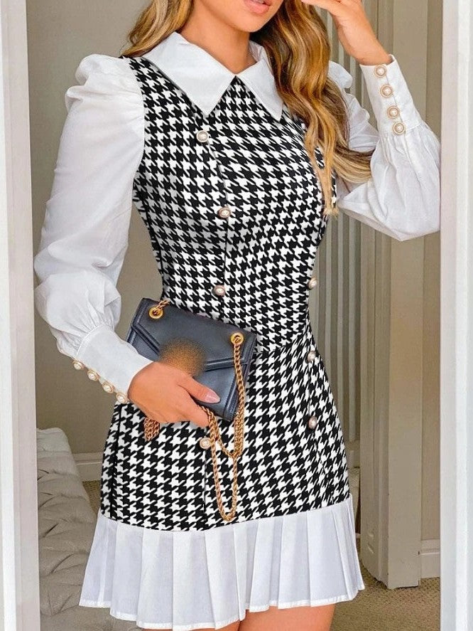 White Gingham Print Short A Line Dress