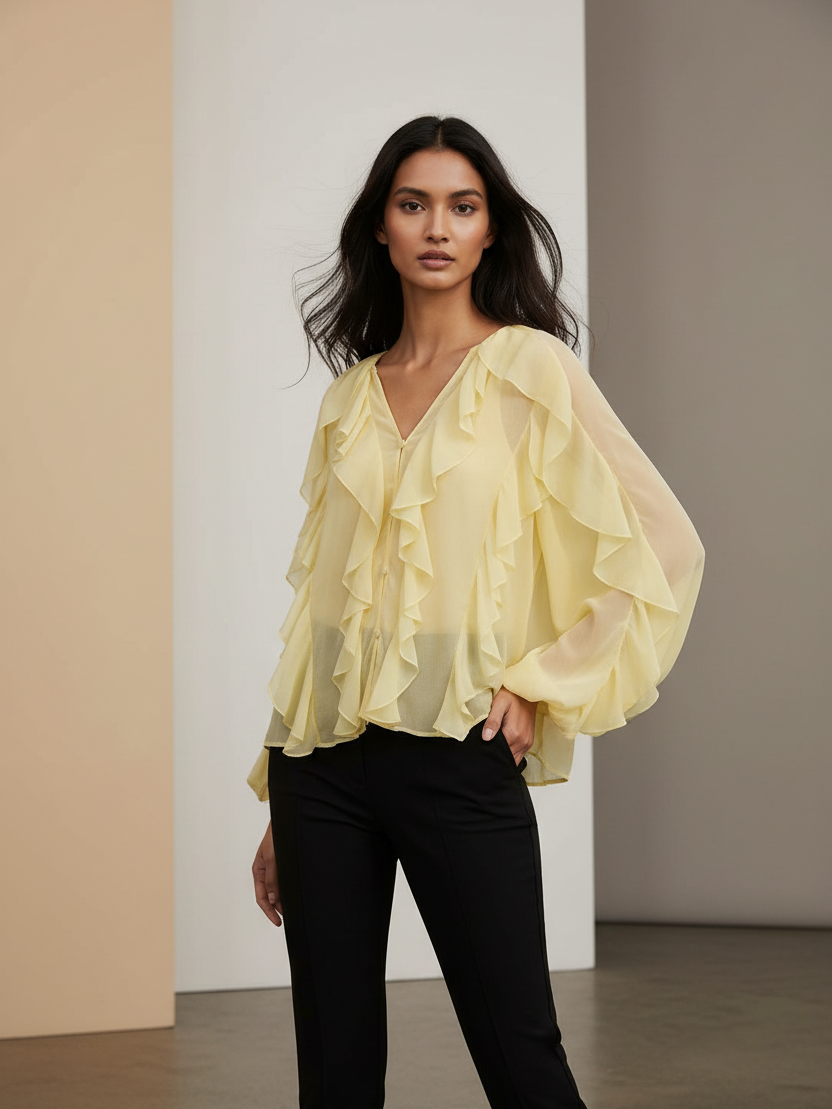 Ruffles V Neck Full Sleeve Top by Exclusives, yellow sheer chiffon blouse with cascading ruffles