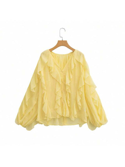 Ruffles V-Neck Full-Sleeve Top yellow blouse with cascading ruffles