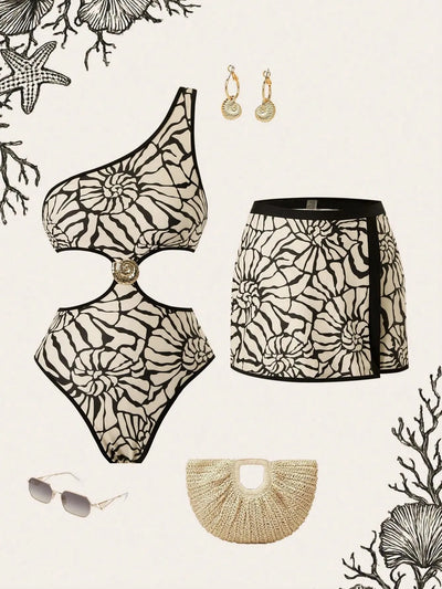 Monochrome Mirage Cutout One-Piece Swimsuit Set by Swimwears in black-and-white pattern
