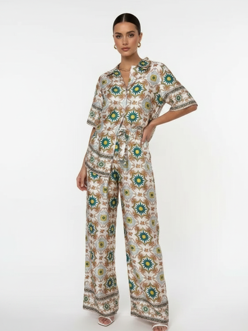 Floral Print Satin/Linen Shirt & Pants Co-ord Set by Exclusives, two-piece beige with teal floral print