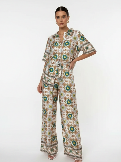 Floral Print Satin/Linen Shirt & Pants Co-ord Set by Exclusives, two-piece beige with teal floral print