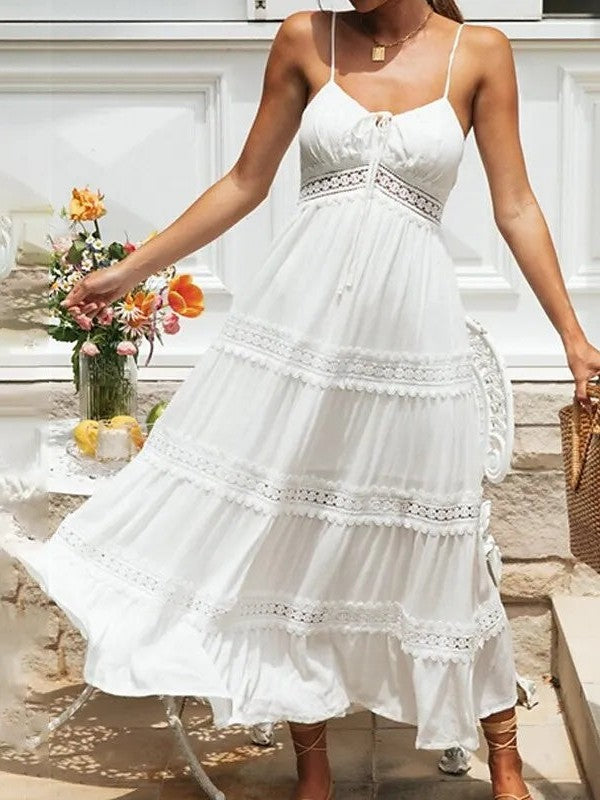 White Cotton Spaghetti Strap Cutout Maxi Dress