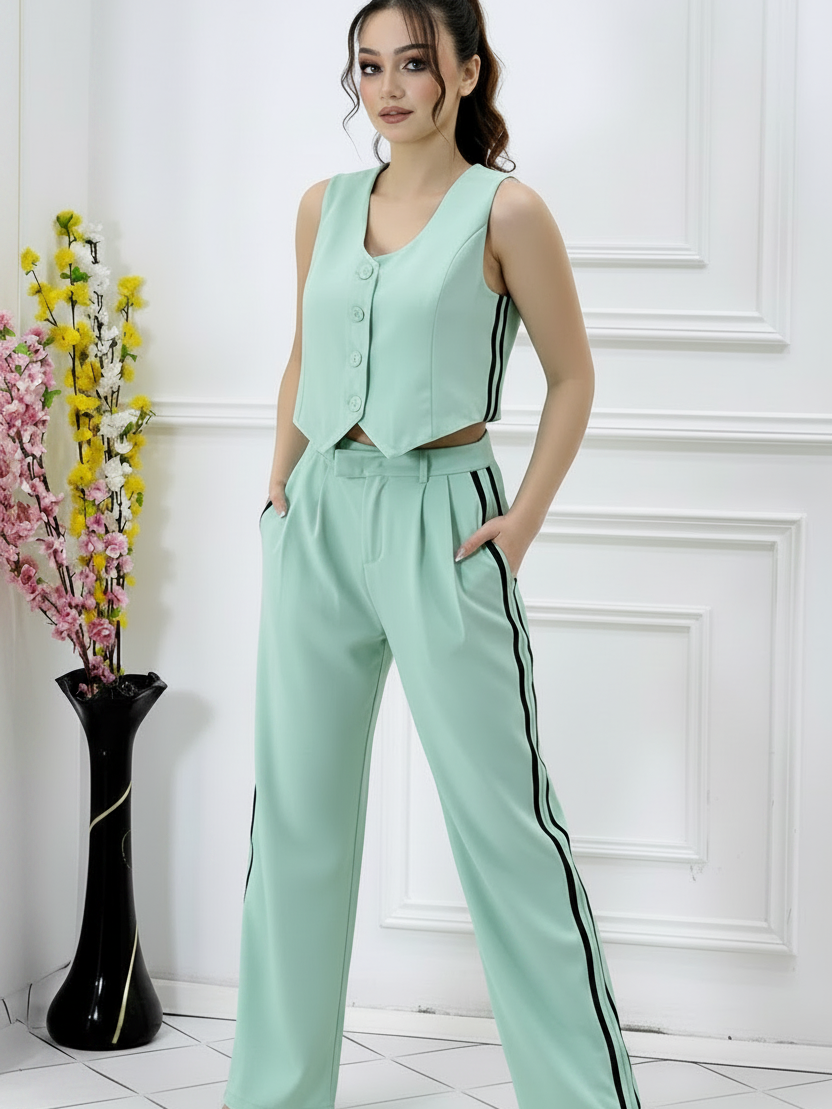 Striped waistcoat vest and wide-leg pants coord set; EXCLUSIVES mint green two-piece with black side stripes