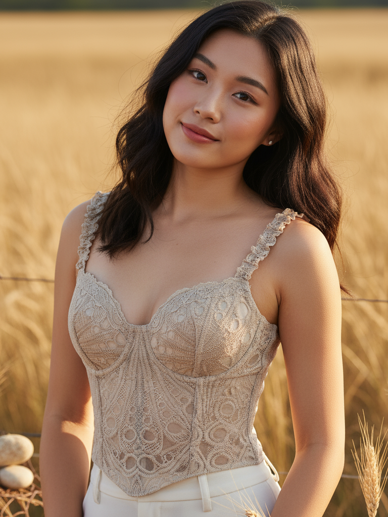 Woman in beige lace boning corset top with mesh panels and scalloped straps, standing in a sunlit wheat field.