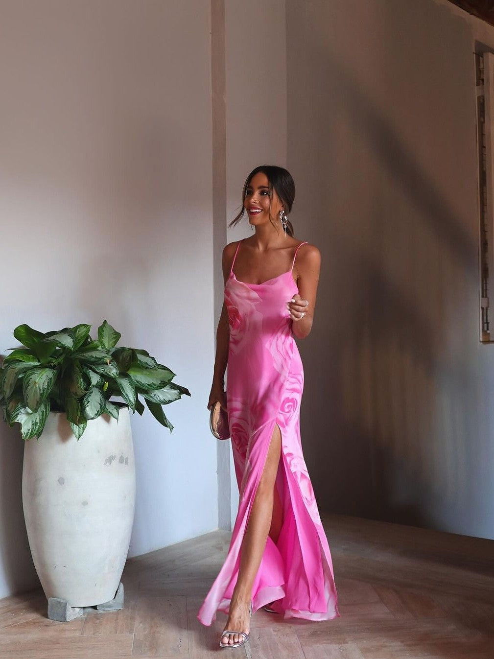 Pink Floral Print Maxi Backless Tie Dress