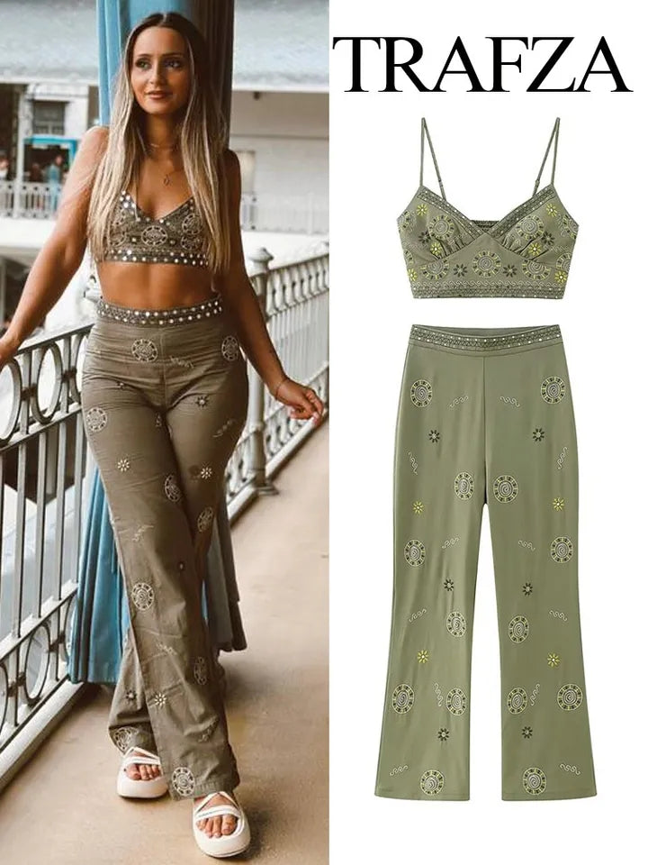 Embroidered Spaghetti Strap Cami Top & Pants Coord Set