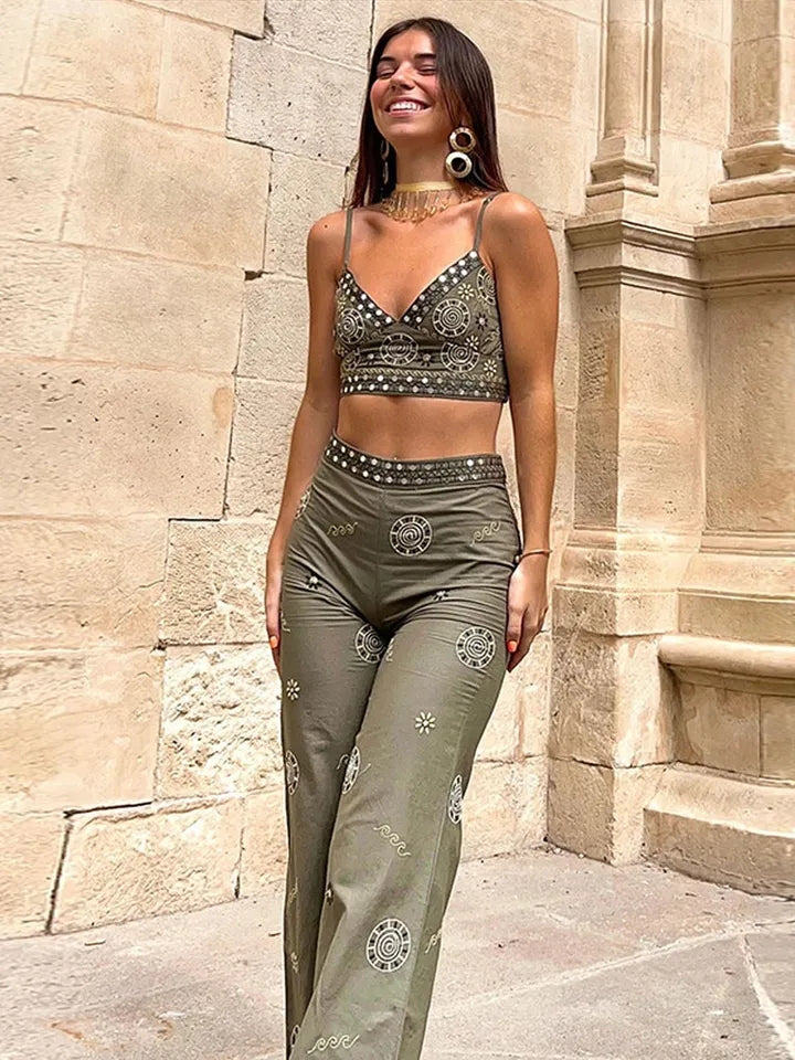 Embroidered Spaghetti Strap Cami Top & Pants Coord Set