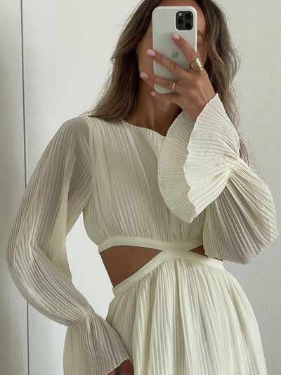 Bell Sleeve Cutout Pleated Midi Dress