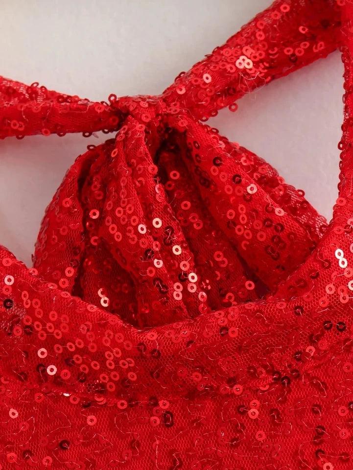 Black & Red Halter Neck Sequins Short Dress