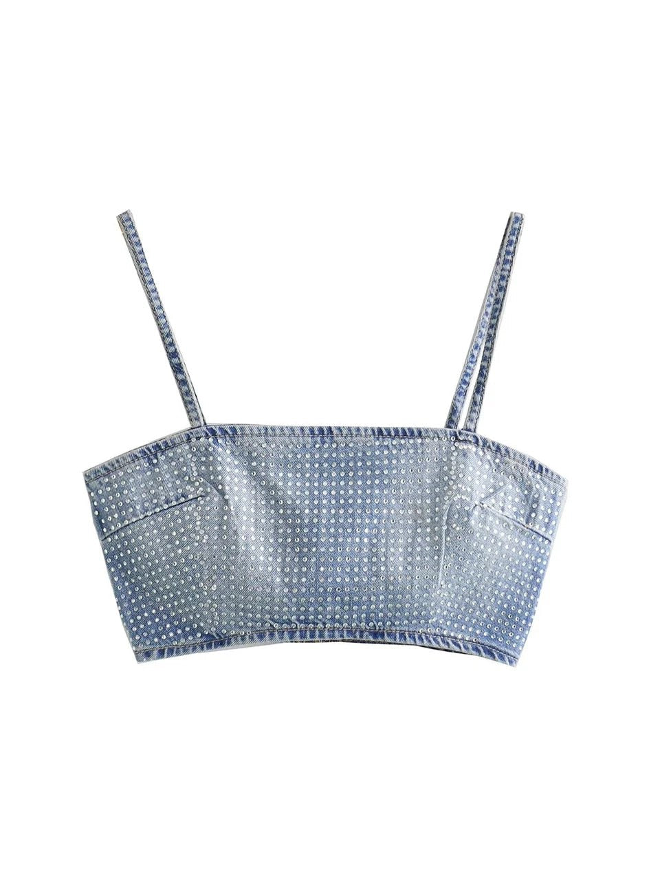 Spaghetti Strap Rhinestone Studded Denim Crop Top