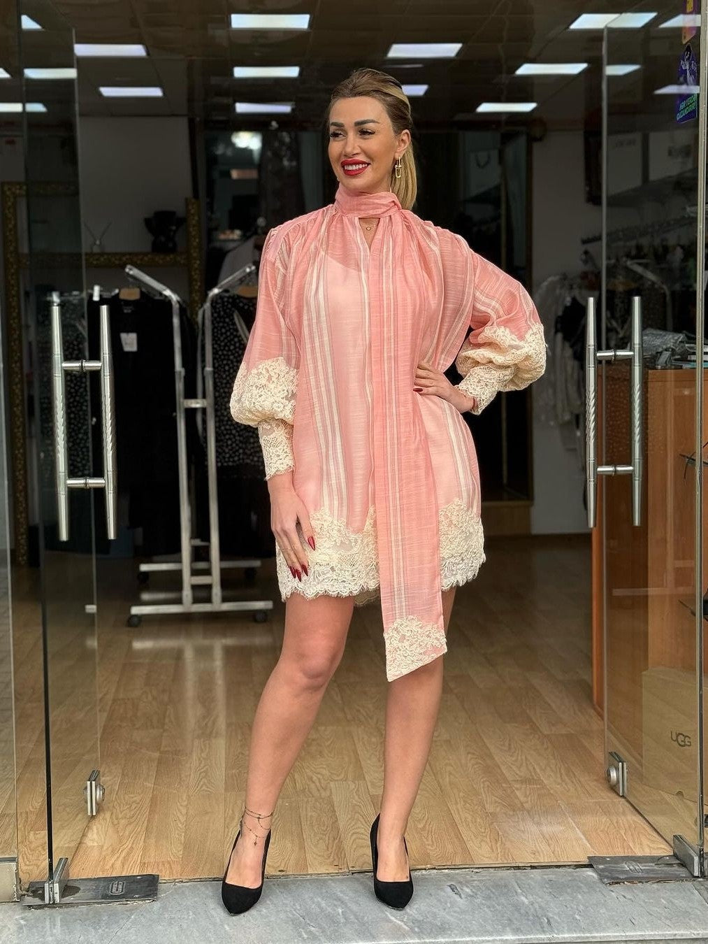 Balloon Sleeve Lace Mini Dress