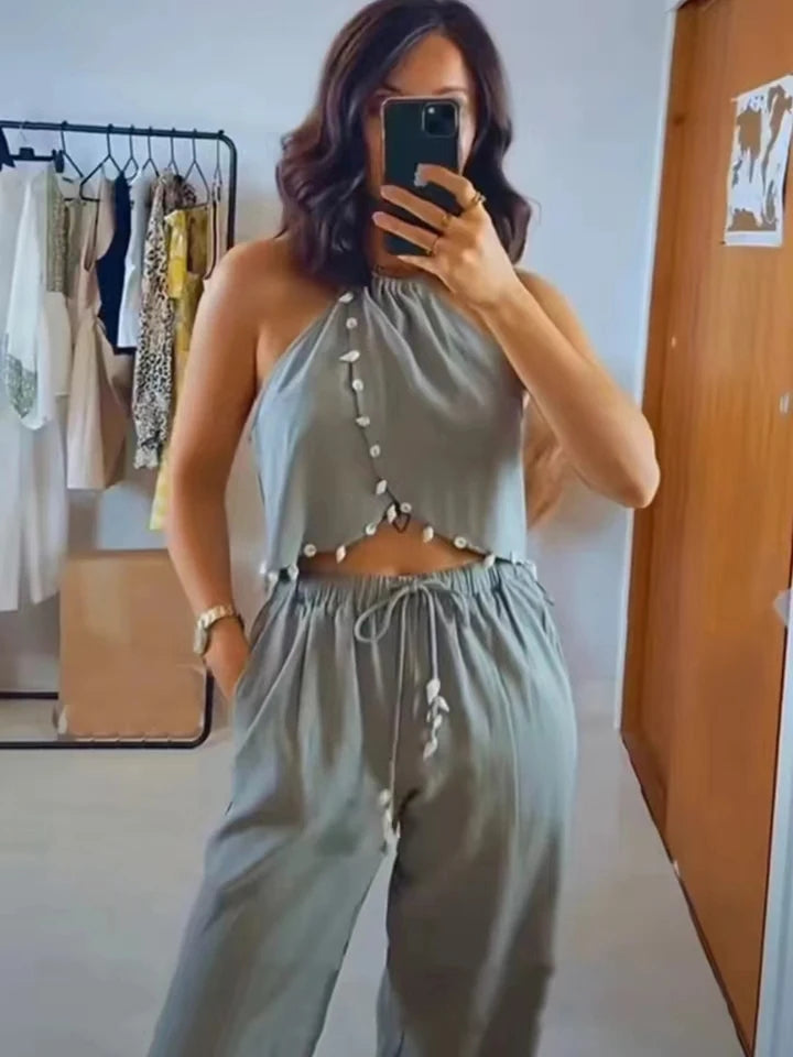 Halterneck Sleeveless Beads Detail Top and Pant Coord Set
