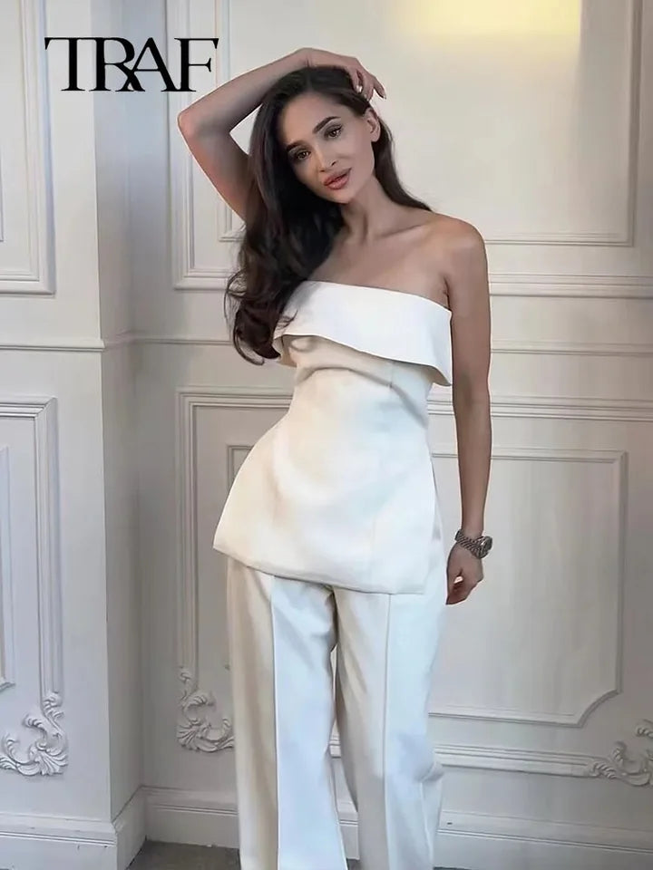 Off Shoulder Tube Top & Wide Leg Pant Coord Set