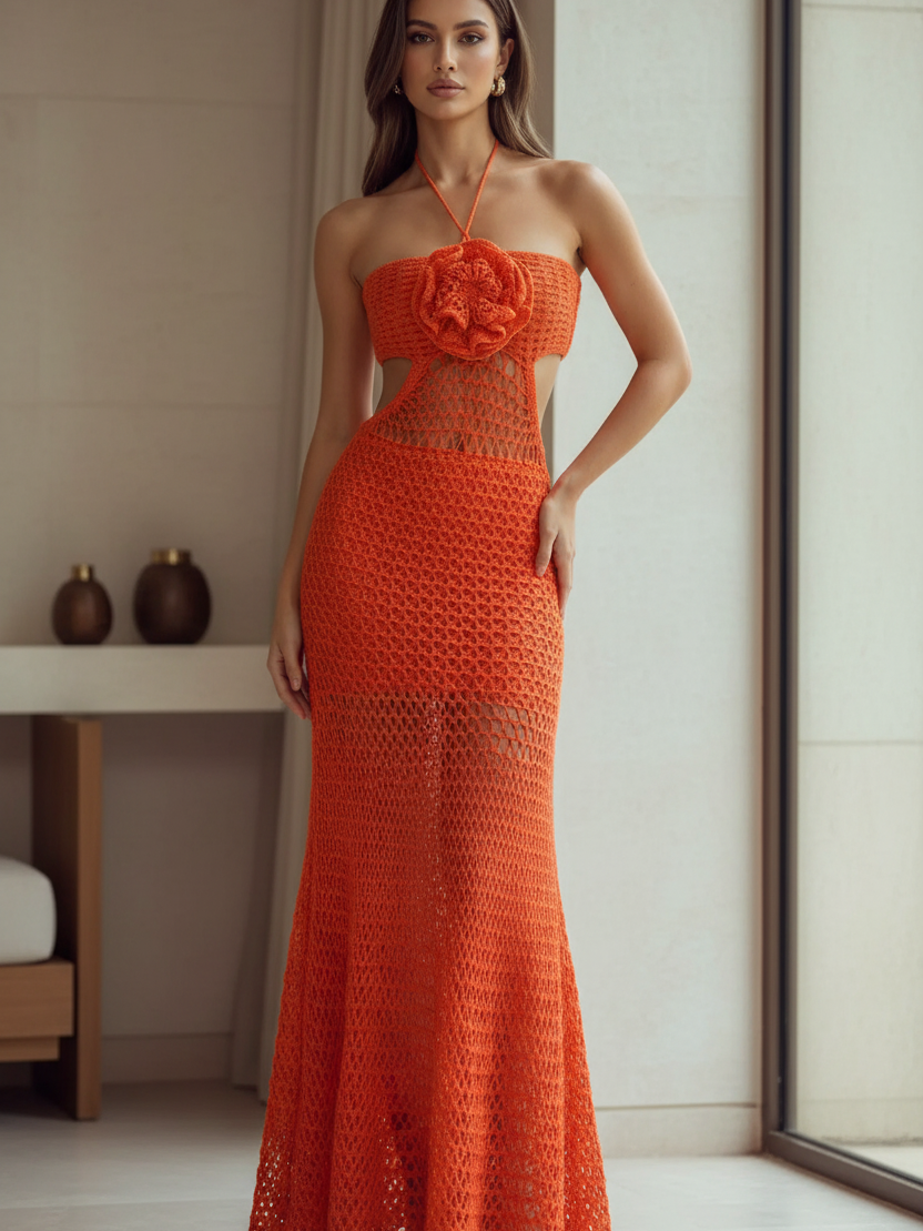 Flower Applique Halterneck Crochet Backless Dress in orange, floor-length with sheer midsection panel