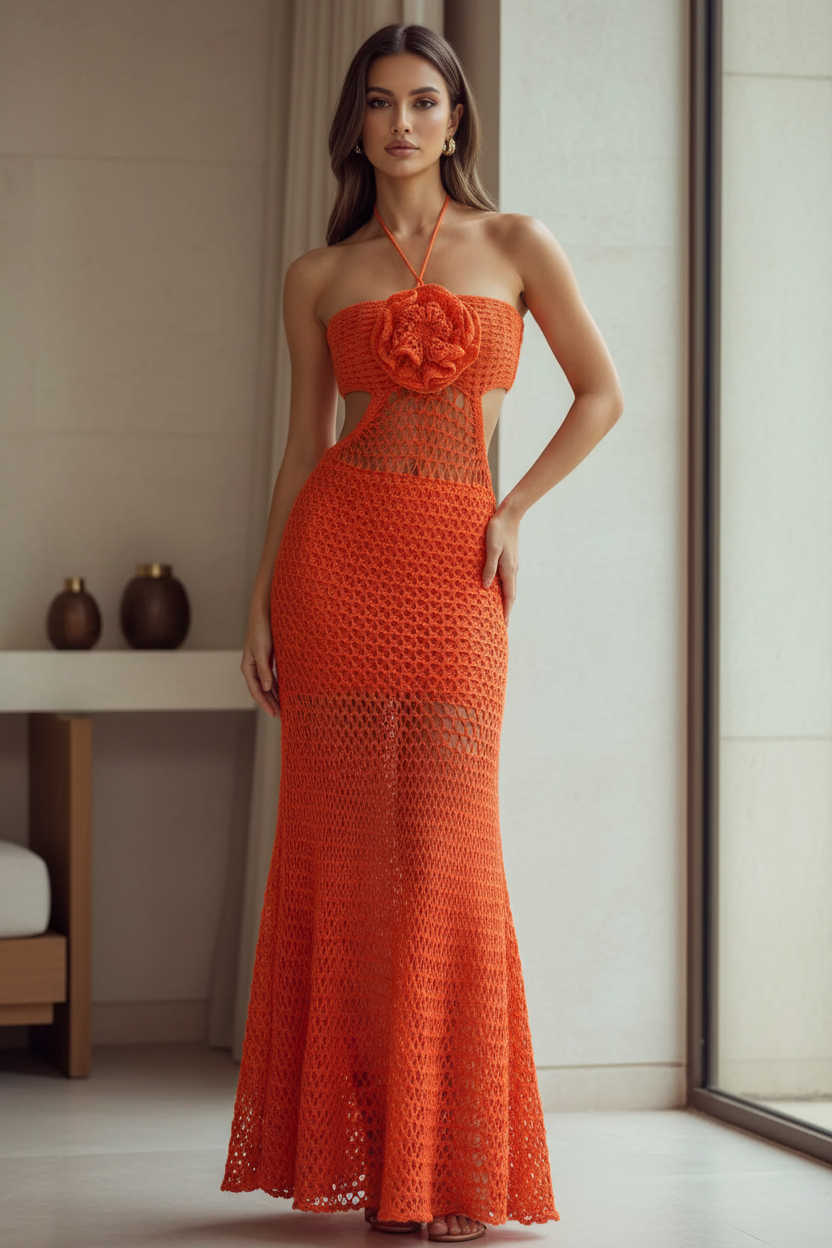 Flower Applique Halterneck Crochet Backless Dress in orange, floor-length with sheer midsection panel