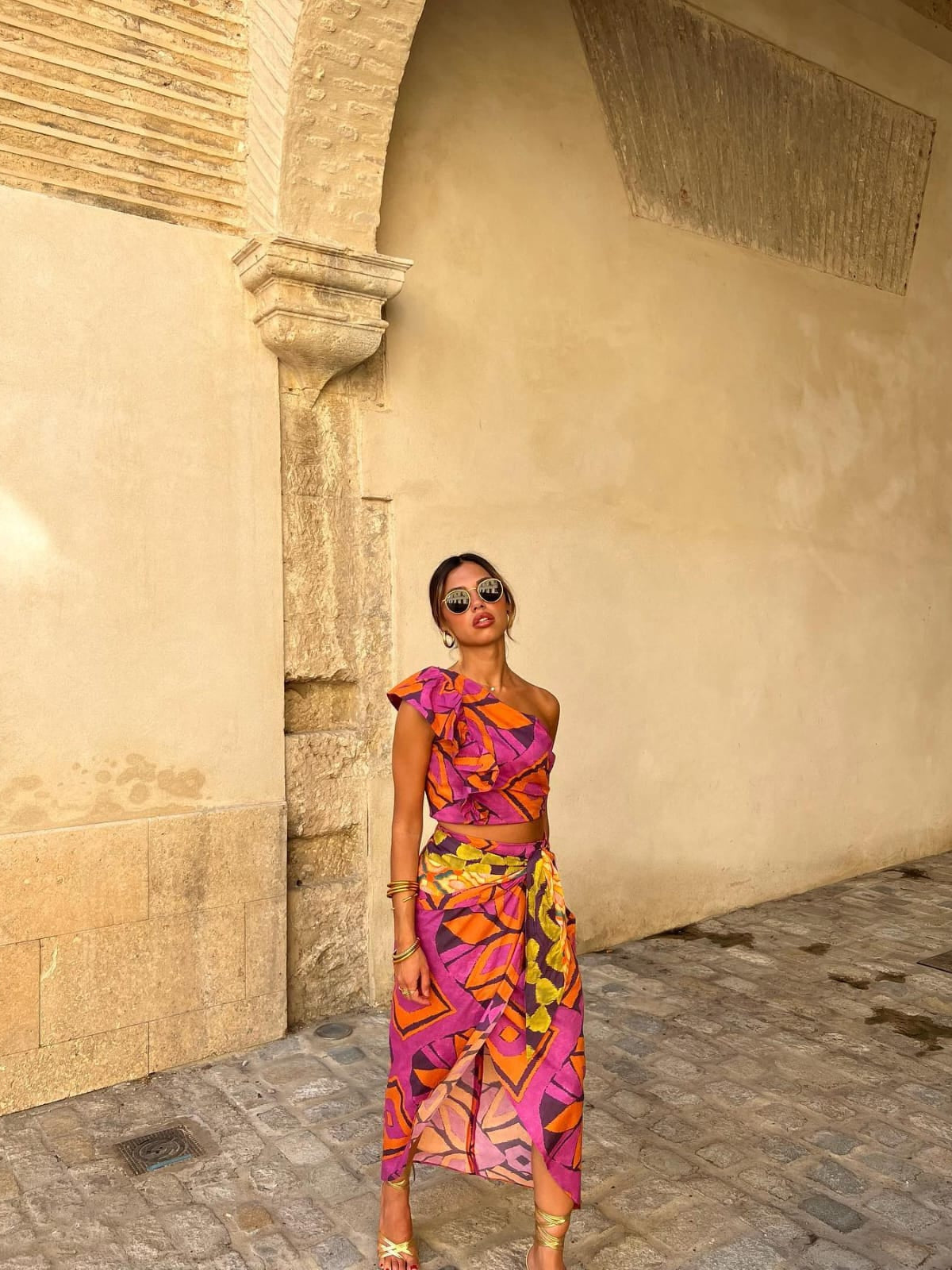 Abstract One Shoulder Ruffle Top & Wrap Skirt Coord Set