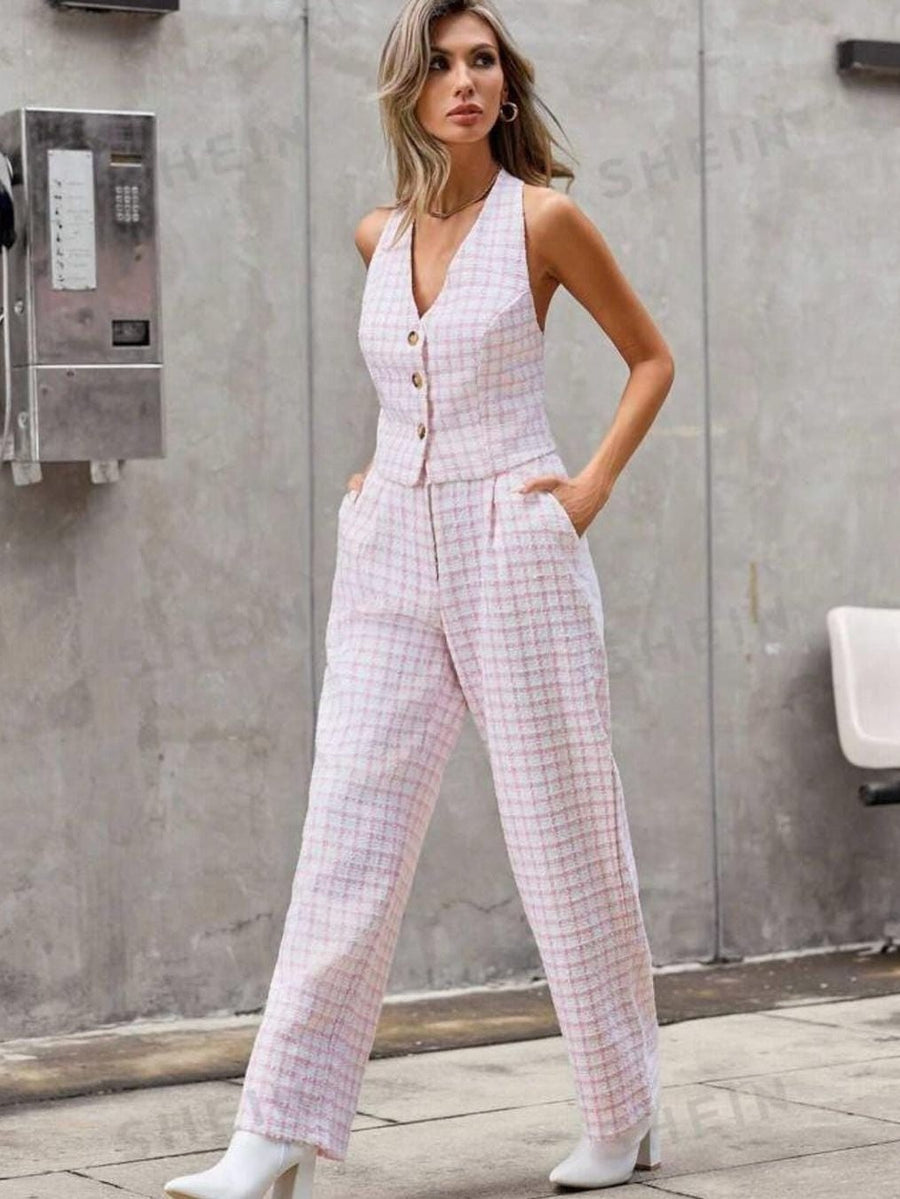 Pink Tweed Waist Coat & Wide Leg Pants Coord Set