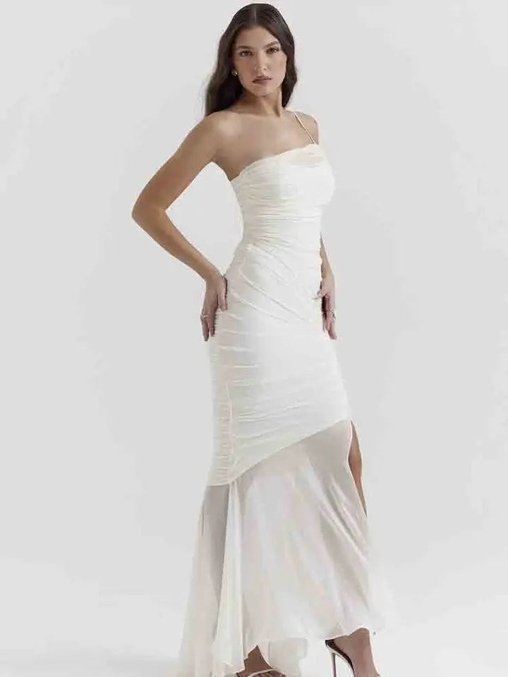 White Mesh Spaghetti Strap Fishtail Slit Dress