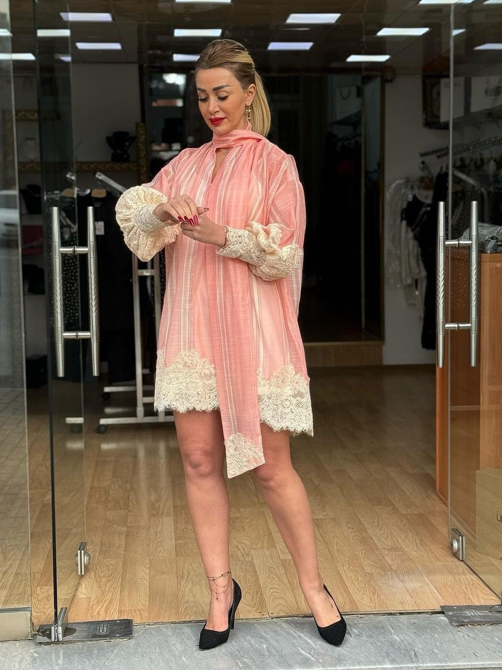 Balloon Sleeve Lace Mini Dress