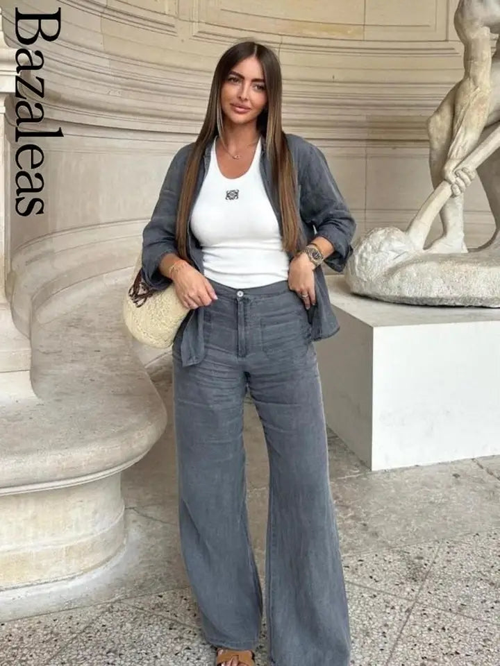 Grey Linen Shirt & Pants Coord Set