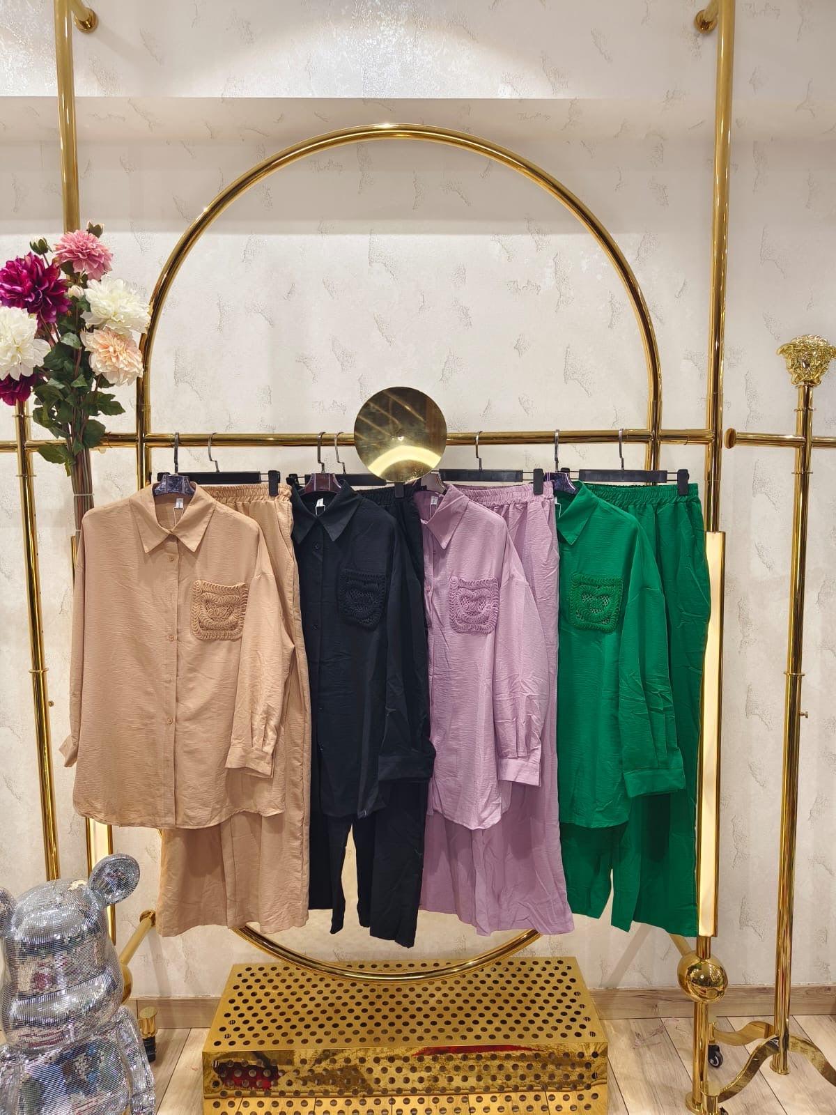 Embroidered Pocket Shirt & Pants Coord Set