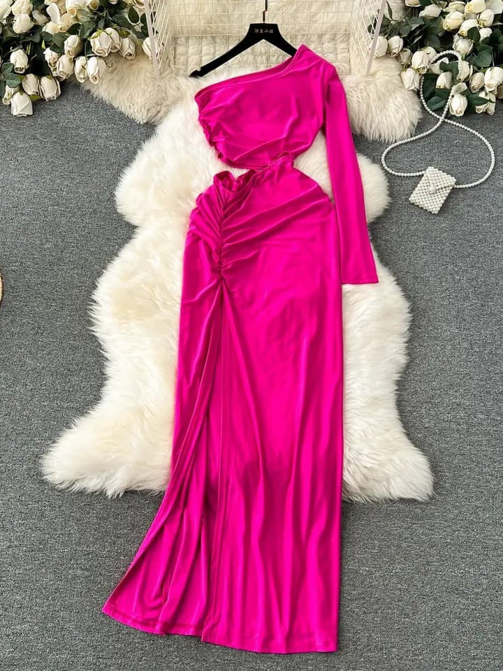 One Shoulder Cutout High Split Maxi Dress