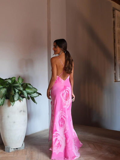 Pink Floral Print Maxi Backless Tie Dress