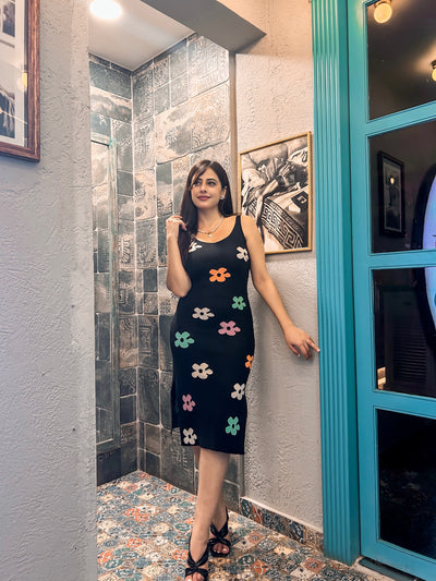 Floral Print Knitted Slit Midi Dress