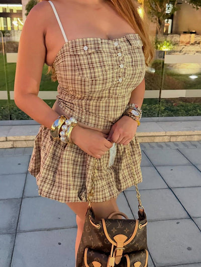 Gingham Print Corset Pocket Top & Skort Skirt Coord Set
