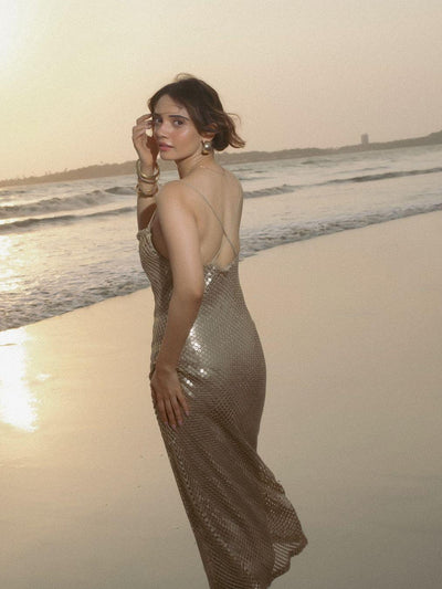 Sequins Spaghetti Strap Cowl Neck Backless Midi Dress