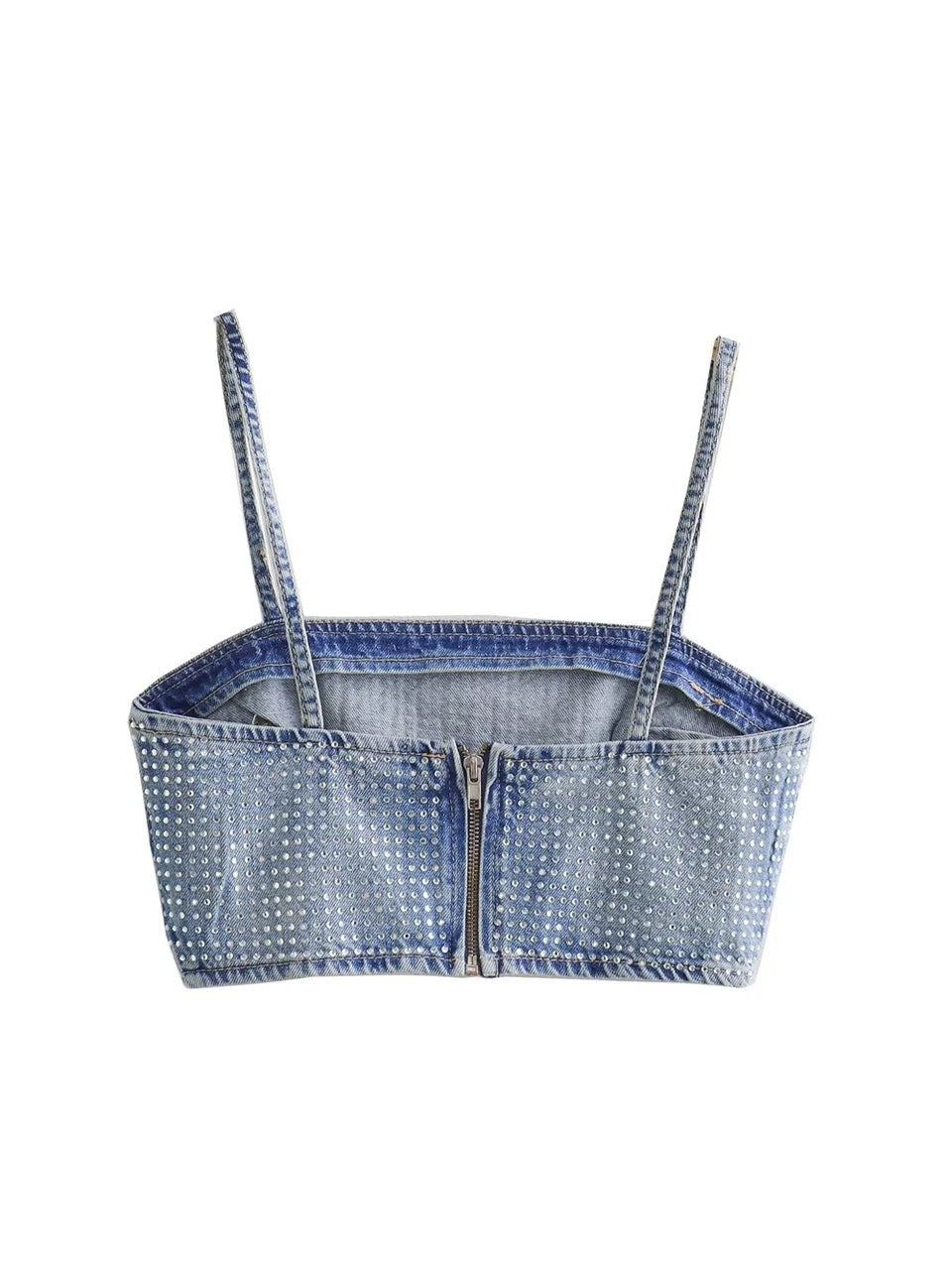 Spaghetti Strap Rhinestone Studded Denim Crop Top