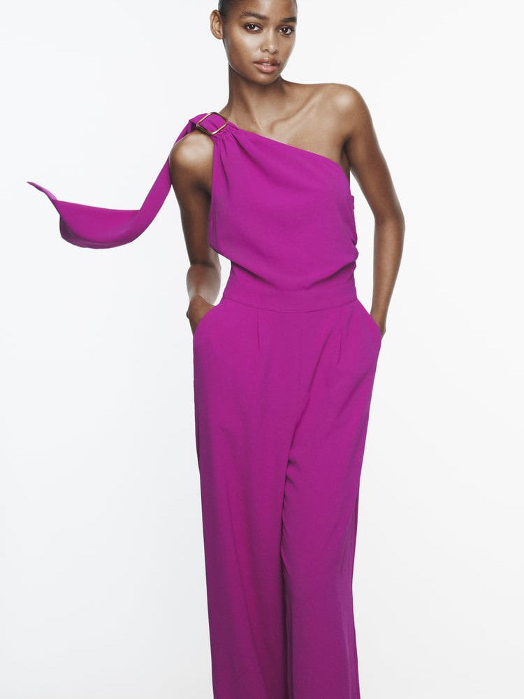 Purple One Shoulder Asymmetric Jumpsuit