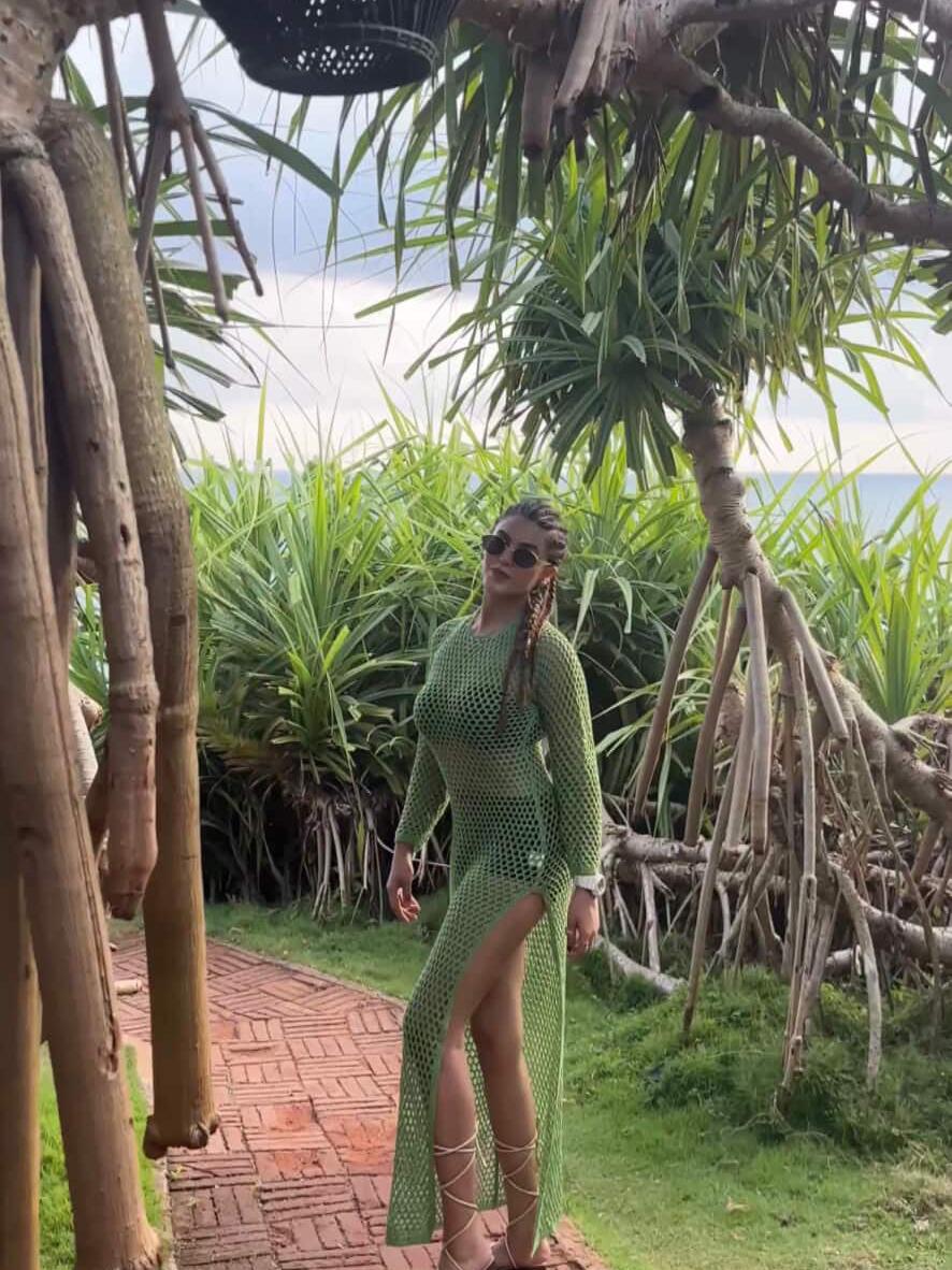 Summer Hollow Out See through Backless Knitted Slit Maxi Dress