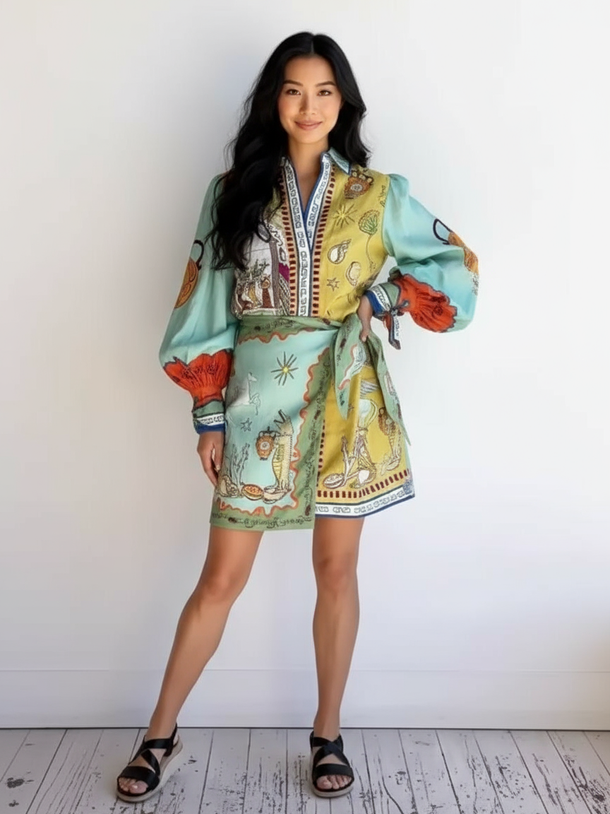 Vintage Lobster Print Puff Sleeve Wrap Short Dress