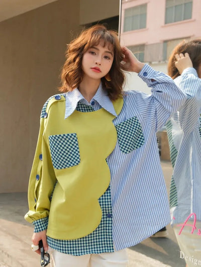 Striped Patchwork Blue Cotton Shirt Dress