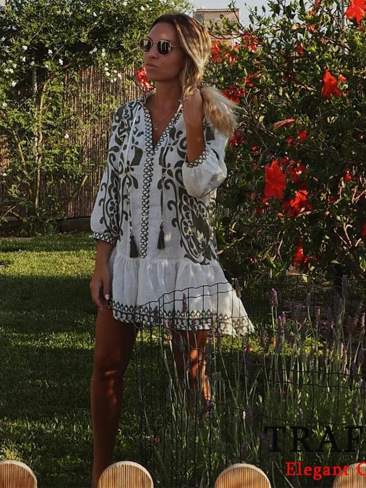 Floral Motif Print Short A Line Dress