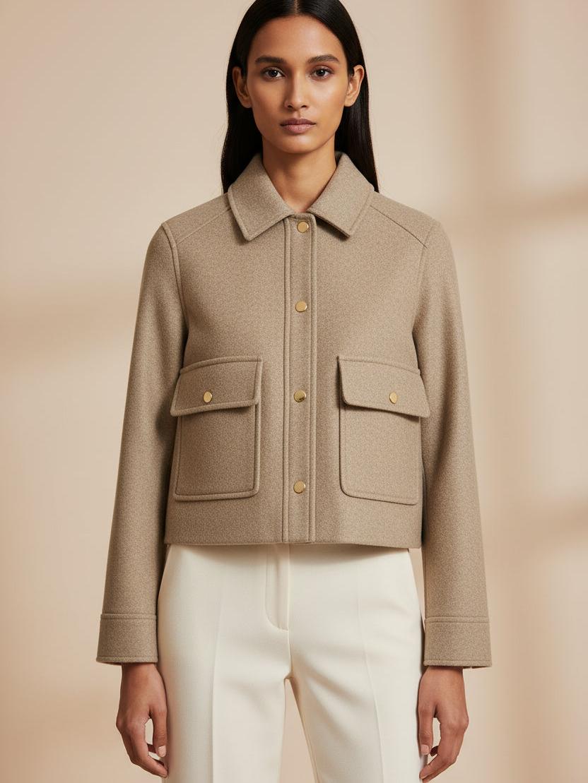 Beige textured wool jacket with a fold-down collar, button front, long sleeves, and two large flap pockets.