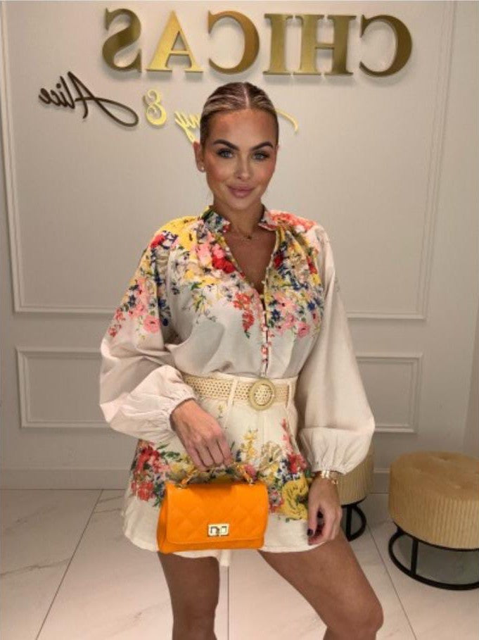 Floral Print Blouse & Shorts Coord Set with Belt