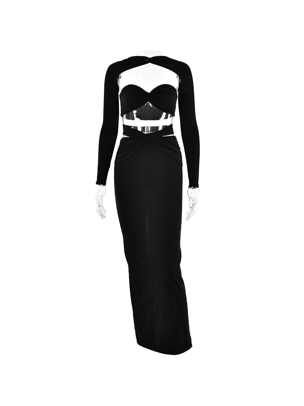 Black bandeau top with sheer sleeves and metallic waist panel, paired with a floor-length wrap skirt.