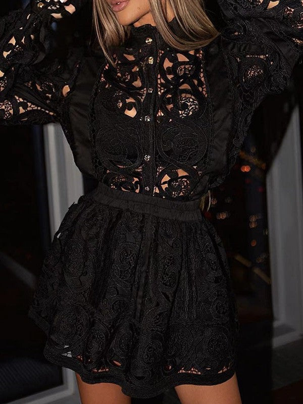 French Crochet Shirt Top & Shorts Coord Set