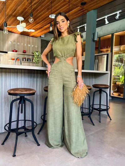 Ruffle Sleeves Cutout Backless Wide Leg Jumpsuit