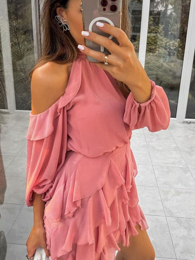 Cutout Puff Sleeve Ruffle Short Dress