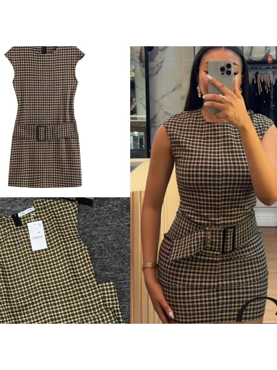 Striped/ Plain/ Chequered Print Short Belt Sleeveless Dress