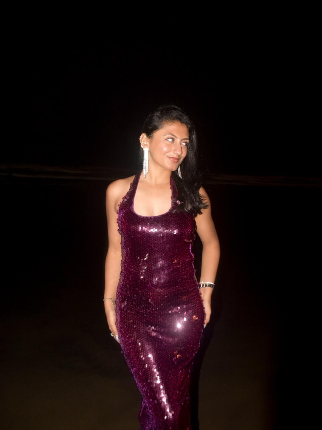 Burgundy Halterneck Sequins Slit Dress