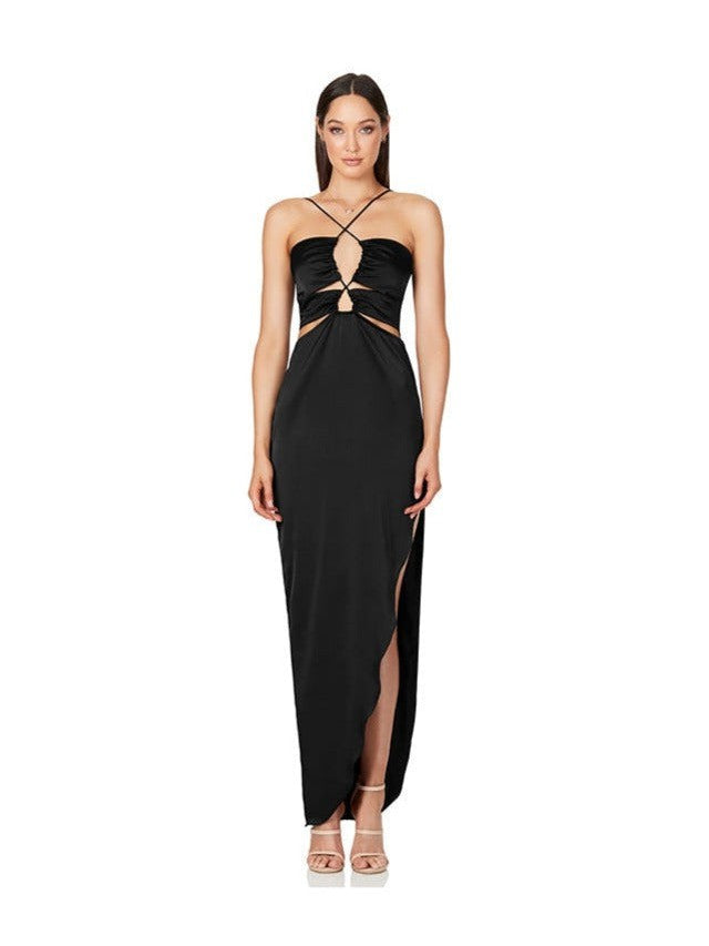 Women Halter Neck Maxi Dress Side Knee High Split