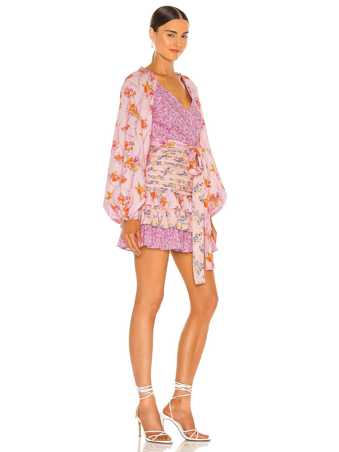 Pink Floral Printed High Waist Dress