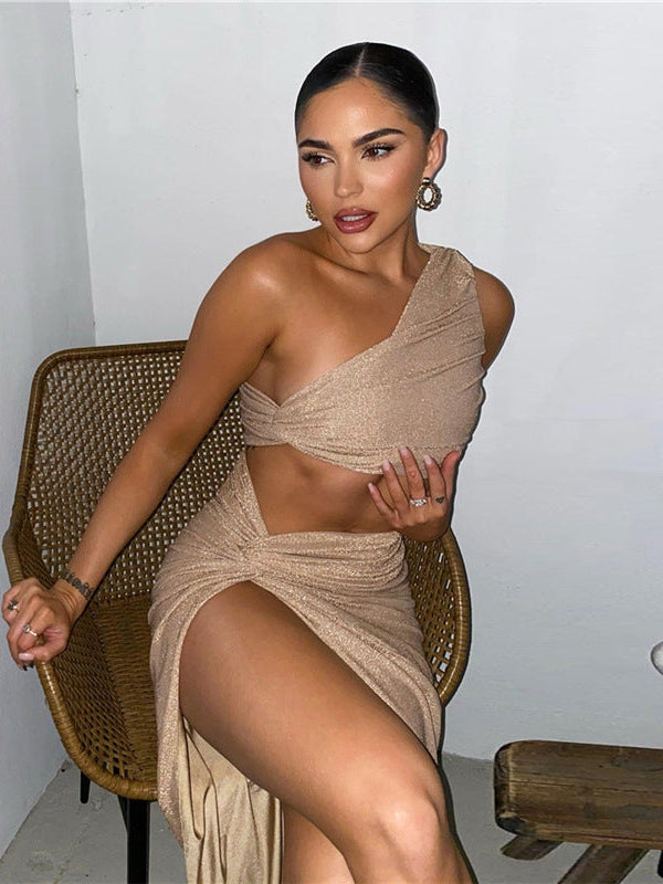 Oblique Shoulder Vest Slim Sheath Split Skirt Set