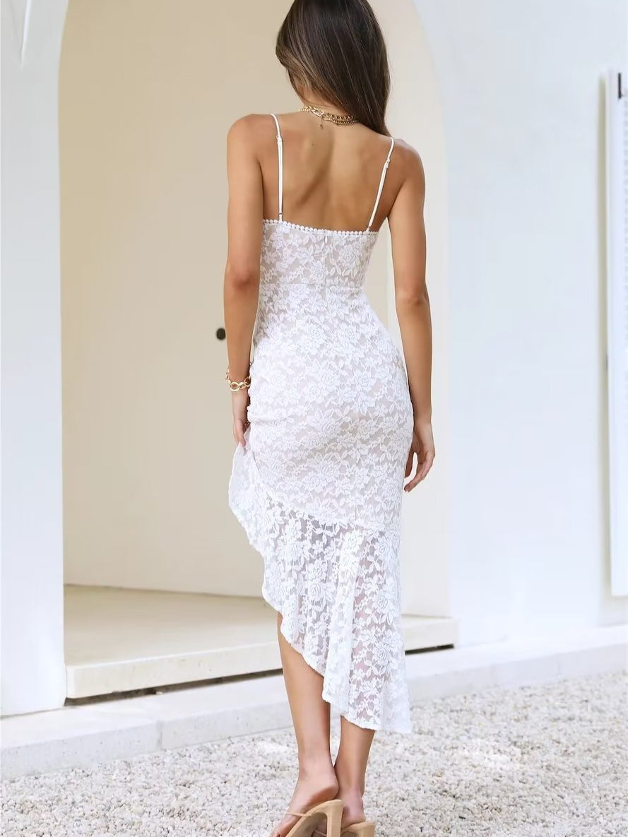 Spaghetti Strap Lace Backless Asymmetric Dress